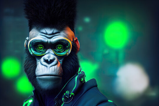 emerald cyber punk ape portrait hyper realistic. High quality illustration