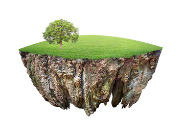 round soil ground cross section with earth land and green grass.  fantasy floating island with natural on the rock, surreal float landscape with paradise concept isolated on white background