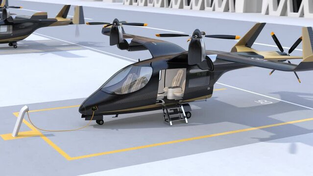 Black Electric VTOL passenger aircraft charging on the station. Airport background. 3D rendering animation.