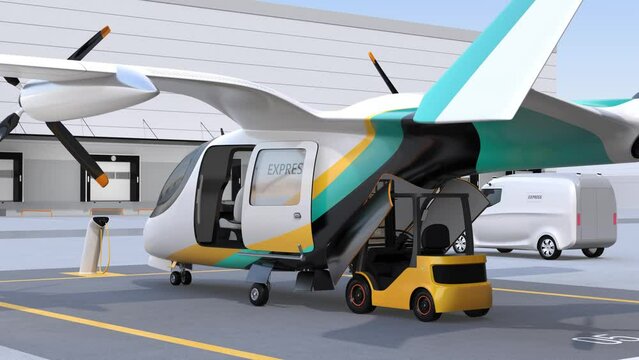 After forklift loaded goods and left, Electric VTOL cargo delivery aircraft prepare for take off.  Smart logistics concept. 3D rendering animation.