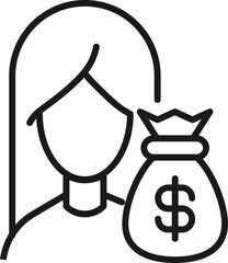 Profession, occupation, hobby of woman. Outline sign drawn with black thin line. Editable stroke. Vector monochrome line icon of dollar on money bag by female