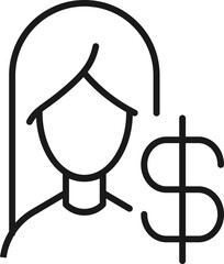 Profession, occupation, hobby of woman. Outline sign drawn with black thin line. Editable stroke. Vector monochrome line icon of dollar by female