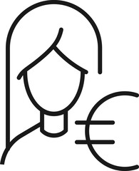 Profession, occupation, hobby of woman. Outline sign drawn with black thin line. Editable stroke. Vector monochrome line icon of euro by female