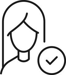 Profession, occupation, hobby of woman. Outline sign drawn with black thin line. Editable stroke. Vector monochrome line icon of checkmark by female