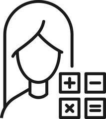 Profession, occupation, hobby of woman. Outline sign drawn with black thin line. Editable stroke. Vector monochrome line icon of calculator by female