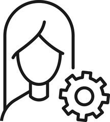 Profession, occupation, hobby of woman. Outline sign drawn with black thin line. Editable stroke. Vector monochrome line icon of gear or cogwheel by female