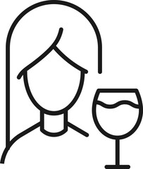 Profession, occupation, hobby of woman. Outline sign drawn with black thin line. Editable stroke. Vector monochrome line icon of glass of wine by female