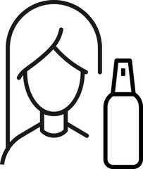 Profession, occupation, hobby of woman. Outline sign drawn with black thin line. Editable stroke. Vector monochrome line icon of cosmetic bottle by female