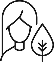 Profession, occupation, hobby of woman. Outline sign drawn with black thin line. Editable stroke. Vector monochrome line icon of leaf or tree by female