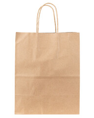 Paper bag. Kraft paper shopping bag. Brown folded paper bag with handle. Empty grocery paper bag. Recycled carton package for supermarket. High quality and resolution photo. Isolated white background.