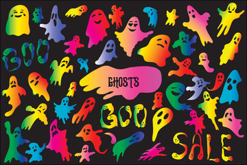 Halloween color ghosts. Doodle designs on black background. Bid hand drawn isolated set for Halloween decorations, stickers, cards,  t-shirts, mugs, backgrounds.