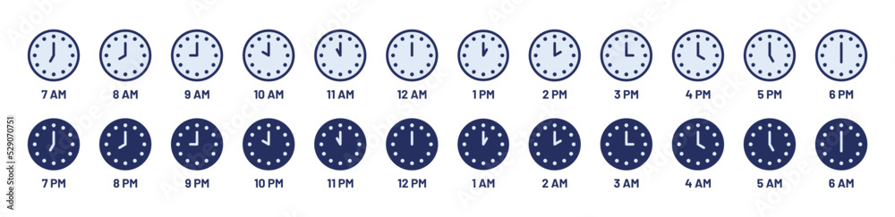 Poster set of classic wall clock with hours of the day icon set. time symbol vector illustration.