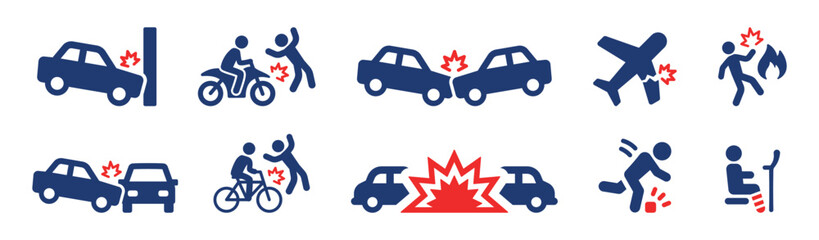Accident icon set. Containing car collision with bike, motorbike, pedestrian, car and the wall, injury, fire and plane crash icons. Vector illustration. - obrazy, fototapety, plakaty