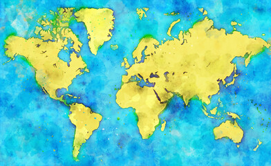 World map with continents and oceans, watercolor art