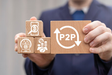 Concept of P2P Peer To Peer Web Technology. Cryptocurrency money exchange service. P2P lending.