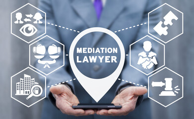 Mediation lawyer concept. Negotiation Arbitration Mediation. Business Mediate. Mediator service dispute resolution. Conciliator settlement of conflict. - obrazy, fototapety, plakaty