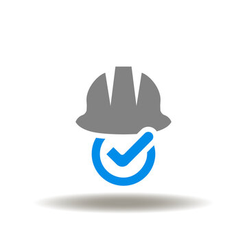 Vector Illustration Of Hard Hat With Check Mark. Icon Of Work Safety Standard. Symbol Of Job Safety First. Sign Of Protective Equipment.