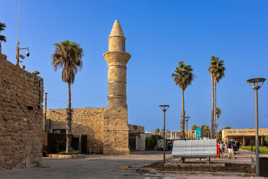 CAESAREA, Israel - August 11 2022, The remains of an old inactive mosque - Islam Camii - with a minaret is located in Caesarea city, on the shores of the Mediterranean Sea, in northern Israel