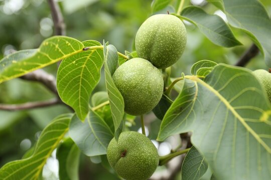 Green unripe walnuts on tree branch outdoors, closeup