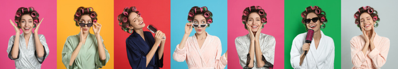 Collage with photos of beautiful young woman wearing bathrobe with hair curlers on different color backgrounds. Banner design - obrazy, fototapety, plakaty