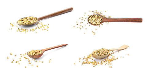 Set with green buckwheat in spoons on white background