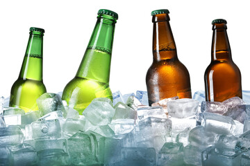 Bottles of beer on ice cubes against white background