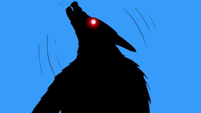 Animation Werewolf attacks on a blue screen. A howling cartoon monster scratches with its claws. Video transition of the Halloween video with a mystical creature to 4k with an alpha.