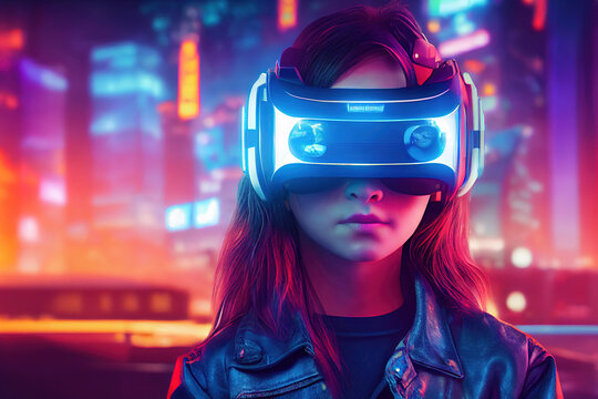 Beautiful Cyberpunk Girl with Virtual Reality Head Kit. Watching, Play in the Futuristic City. Concept Art Scenery. Book Illustration. Video Game Scene. Serious Digital Painting. CG Artwork Background