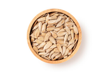 Sunflower seeds in wooden bowl isolated on white background
