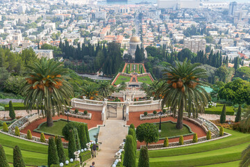 Haifa, Israel, June 26, 2022 : view from Louis Promenade on Mount Carmel to the Bahai Temple, the...