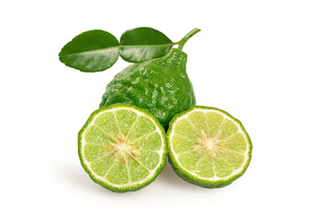 Kaffir fruit with half and leaves on white background.