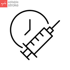 Vaccine time schedule, clock line icon. Vaccination Medical Syringe calendar symbol. Medication injection Covid-19, coronavirus pandemic, immunization Editable stroke vector illustration design EPS 10