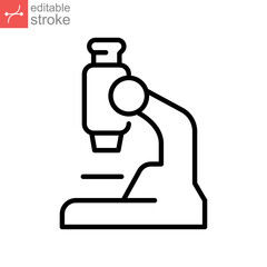 Lens microscope, sample line icon. Laboratory research Magnification Instrument. biology analyzing microbiology experiment symbol. Editable stroke vector illustration design on white background EPS 10