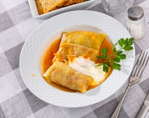 Russain traditional dish, golubtsy (cabbage rolls), served on table, flavoured with smetana and parsley sprig.