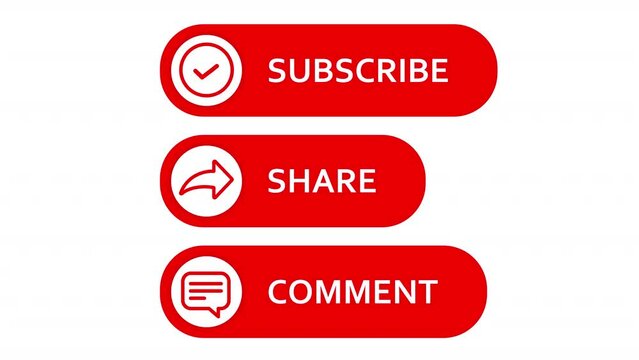 Subscribe, share and comment button animation with a luma matte for a video channel. White background.	
