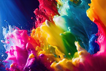 Colorful splash of oil paint, rainbow colored paint splash, splashing upwards, abstract painterly background, 3D illustration - obrazy, fototapety, plakaty
