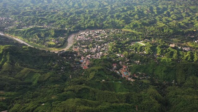 Aerial view of Bandarban along the Sangu river, Bangladesh.