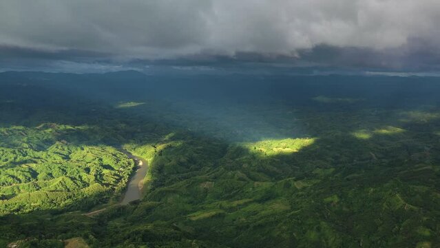 Aerial view of the Sangu river crossing a valley, Bandarban, Bangladesh.