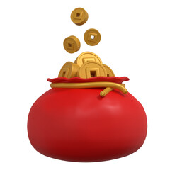 3d render Chinese new year red sack of gold coin icon