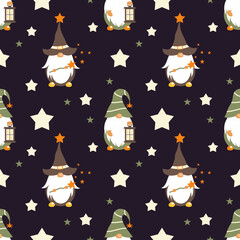 Seamless pattern for sewing children clothing. Funny dwarf with lantern and magic wand. Cute wizard. Stars on . dark background.