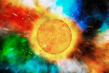 Round star sun in space galaxy with explosions, watercolor art universe 