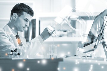 Double exposure Young scientific using equipment in the laboratory for research. Biotechnology,development,chemical,vaccine,study,COVID-19.