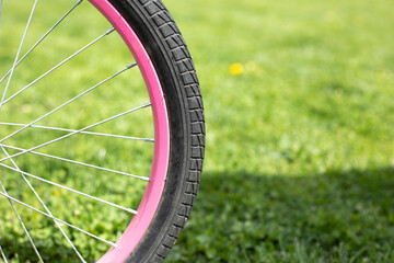 Pink rim and protector. Wheel against background of lawn.