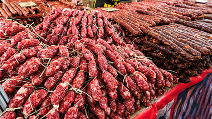 Delicious sausages displayed in the exhibition area of the 21st China Changchun Agricultural Expo