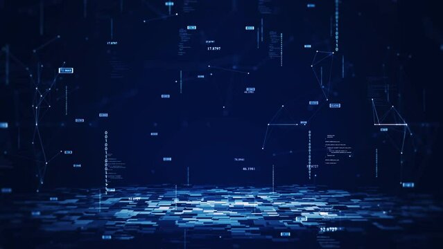 cybersecurity digital information technology concept. Polygon binary code connected in slow motion on dark blue background.