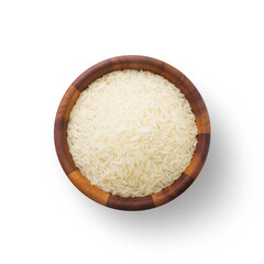 Rice in wooden bowl isolated on white background , top view , flat lay.