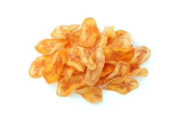 Pile of banana slice chips isolated on white background , top view , flat lay.