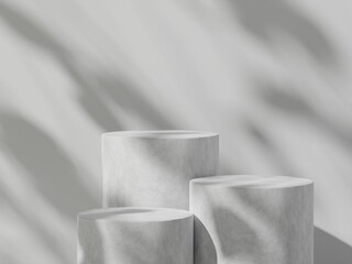 Premium podium display with leaf shadow, Cosmetics or beauty product promotion mockup. Natural stone step pedestal. Trendy minimalist banner, 3D render illustration.