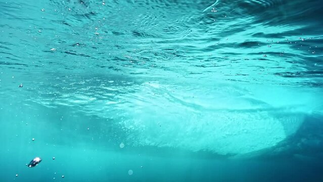 Underwater shot of male surfer silhouette riding barrel of a perfect blue ocean wave. Teahupoo famous action sports destination in Tahiti. travel in French Polynesia. 4k slow motion. 