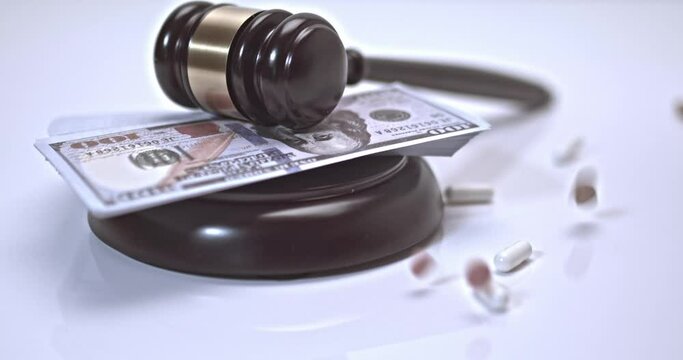Pills and can of pills falling on a judge's gavel on a white background. Concept For Medical Negligence, Bail, Monetary Compensation, Drugs Falsification.